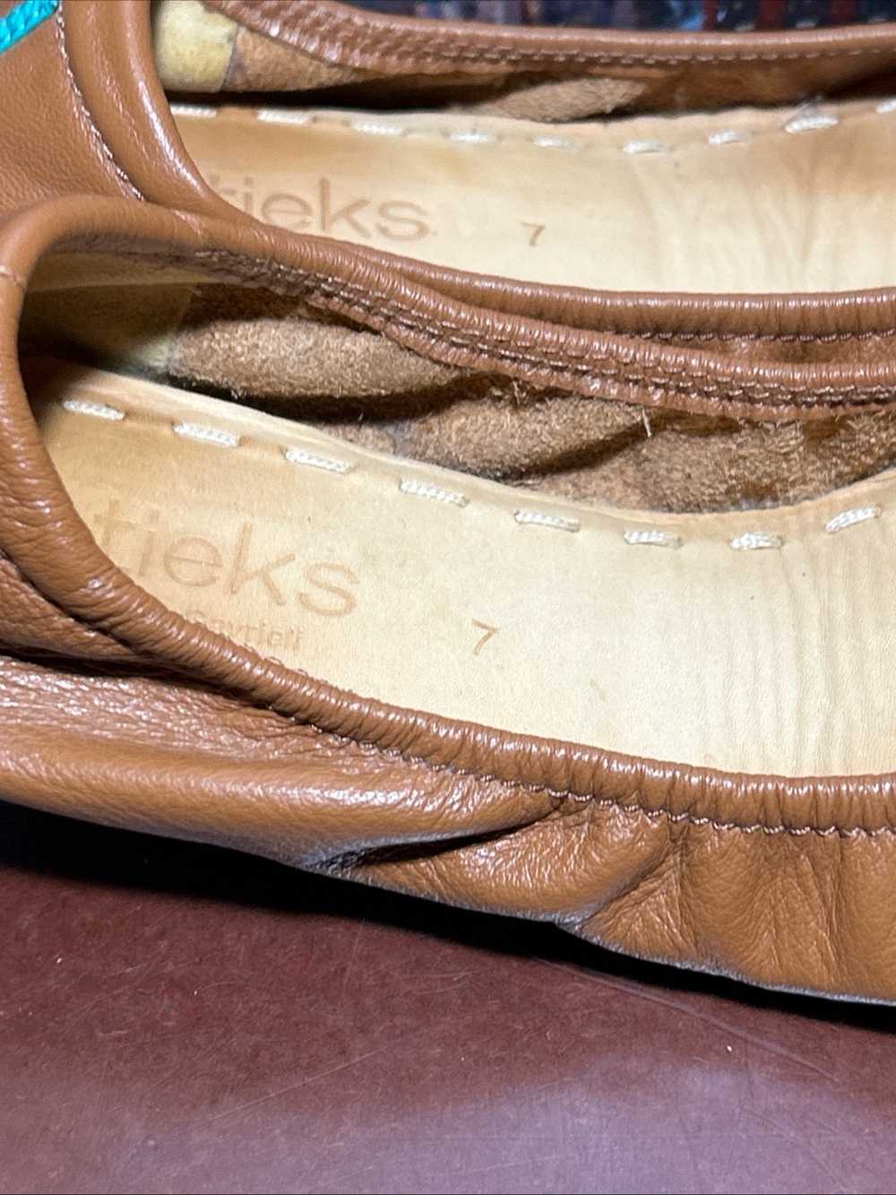 Tieks Brown Leather Ballet Flats with Teal Stitching - Picture 2 of 7